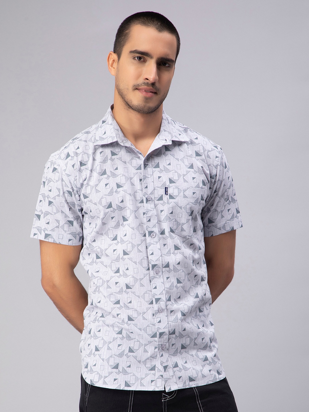 

PEPLOS Custom Geometric Printed Cotton Casual Shirt, Grey