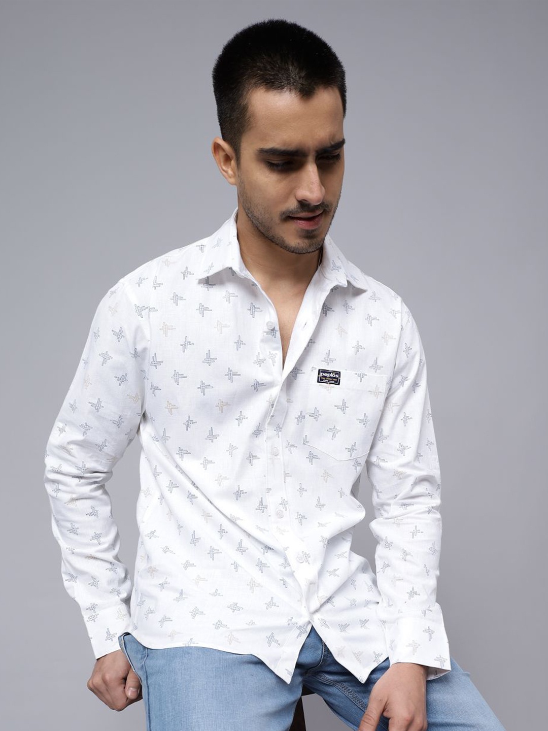 

PEPLOS Custom Conversational Printed Cotton Casual Shirt, White