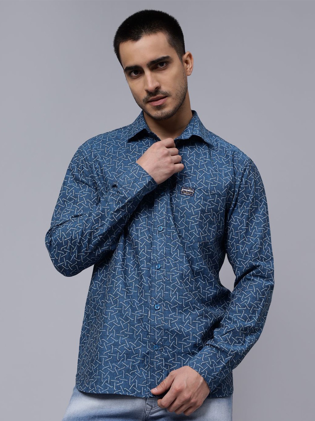 

PEPLOS Custom Geometric Printed Cotton Casual Shirt, Blue