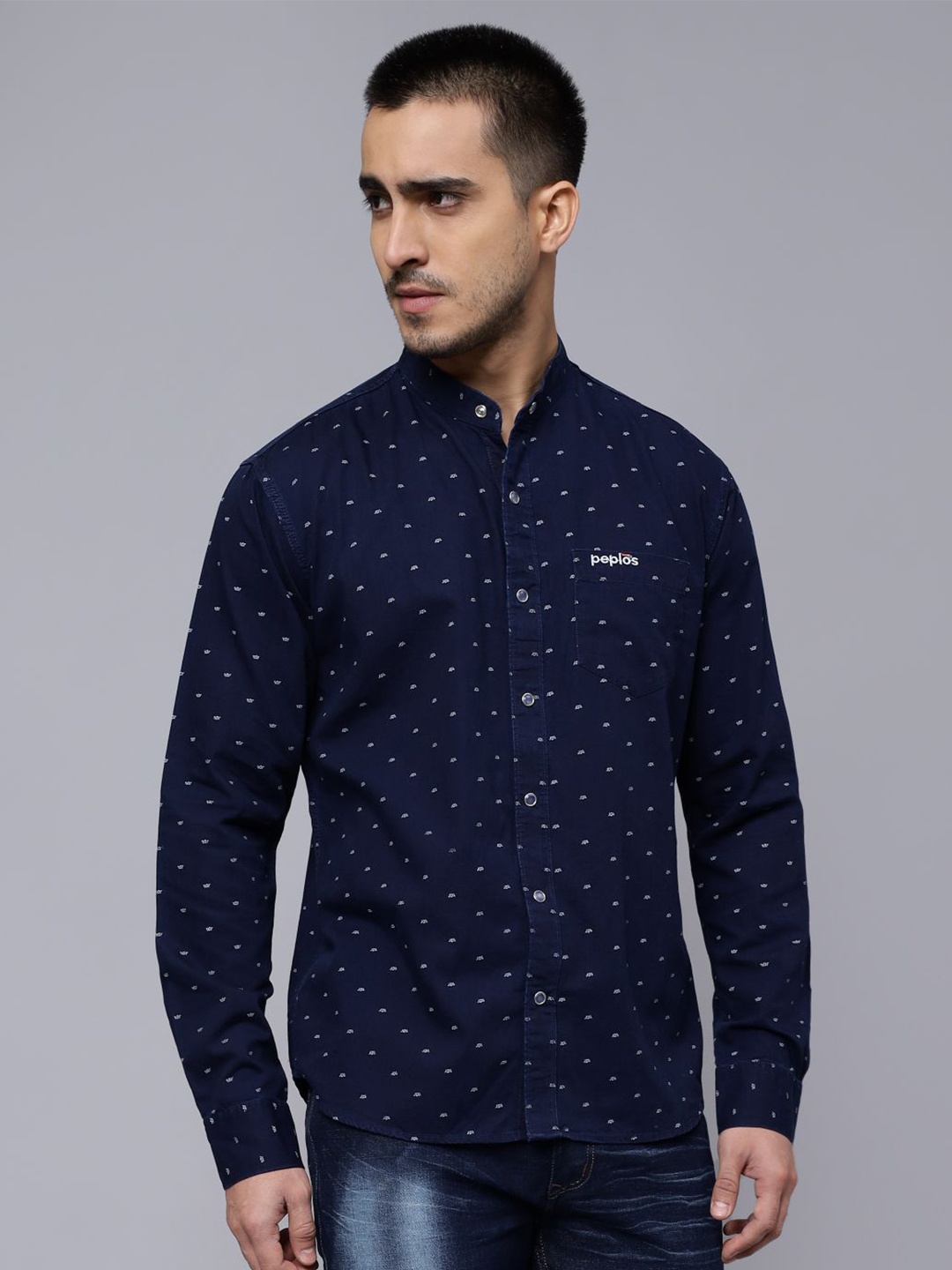 

PEPLOS Custom Micro Ditsy Printed Mandarin Collar Cotton Casual Shirt, Blue