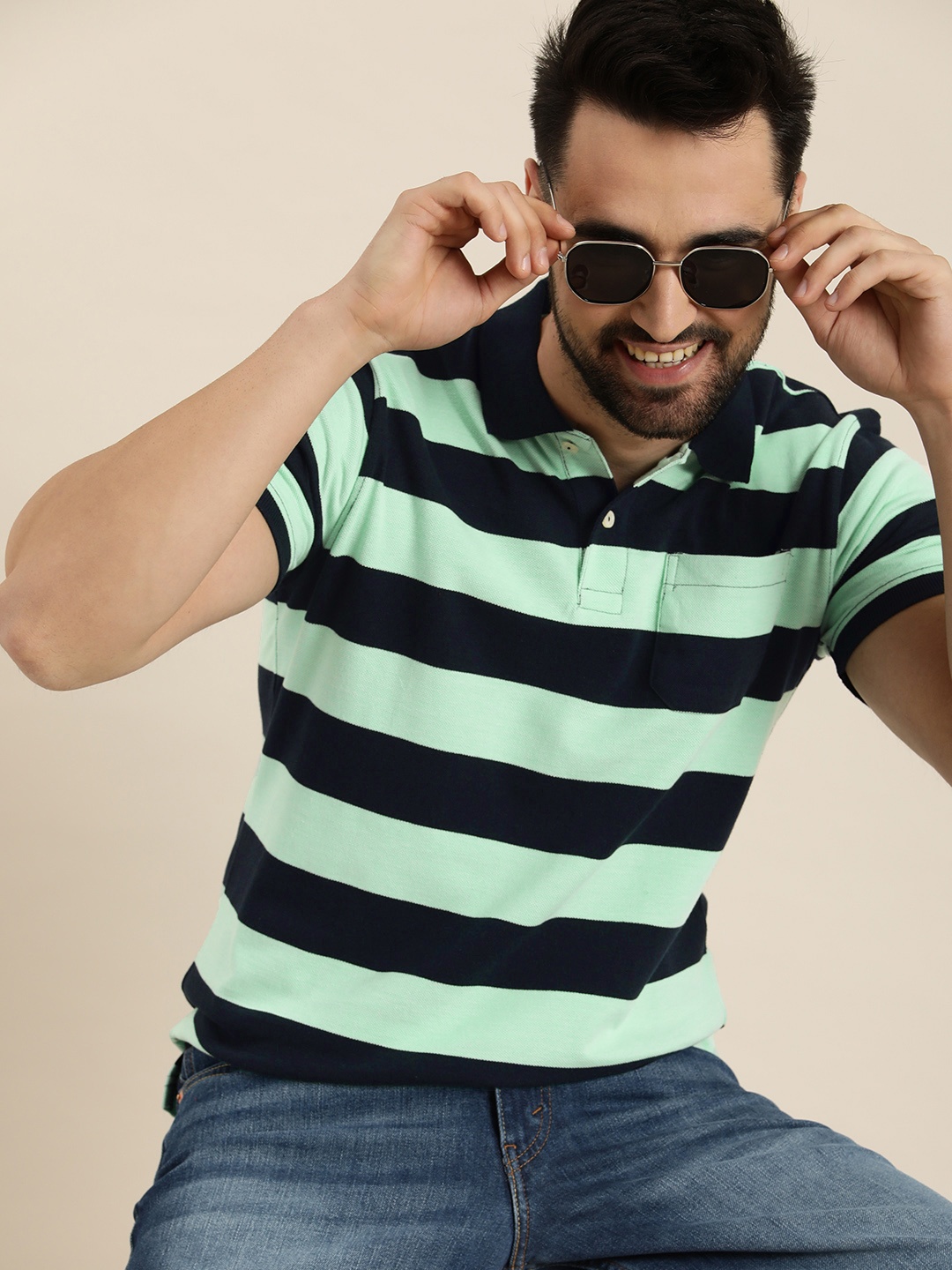 

HERE&NOW Striped Polo Collar T-shirt, Black