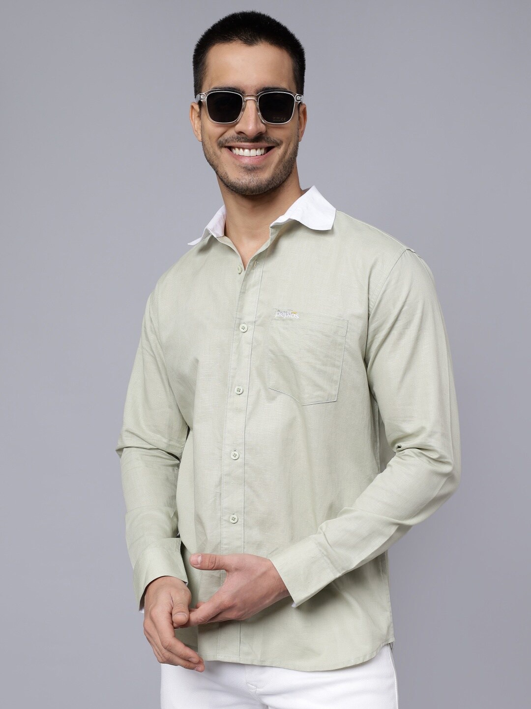 

PEPLOS Custom Spread Collar Cotton Casual Shirt, Green