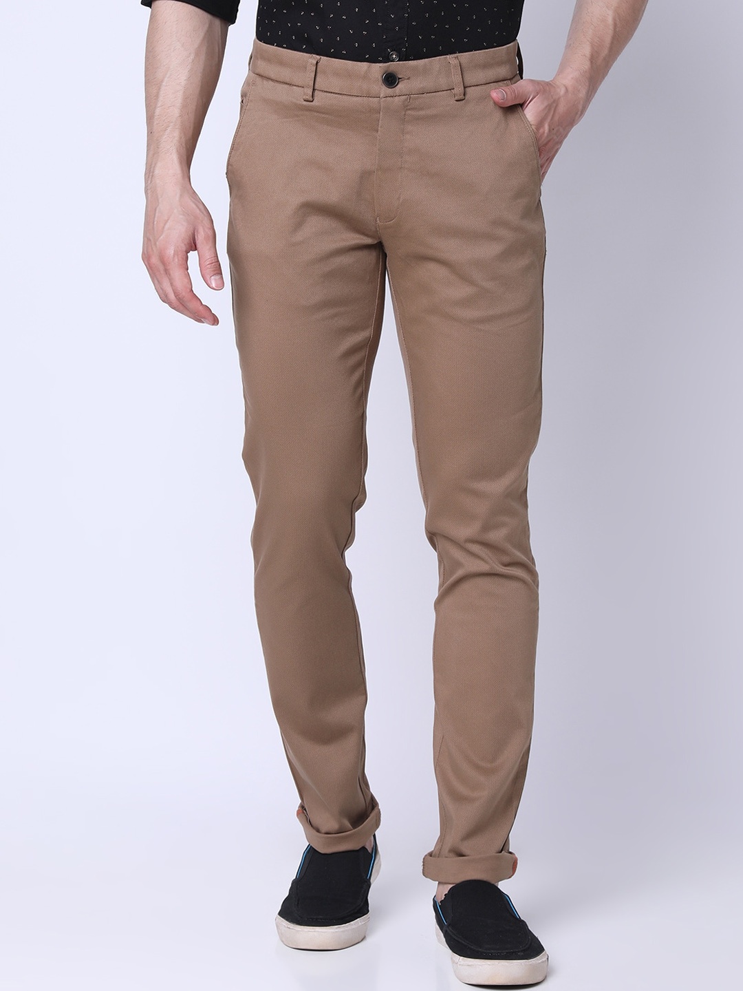 

J Hampstead Men Mid Rise Plain Cotton Slim Fit Chinos Trousers, Tan