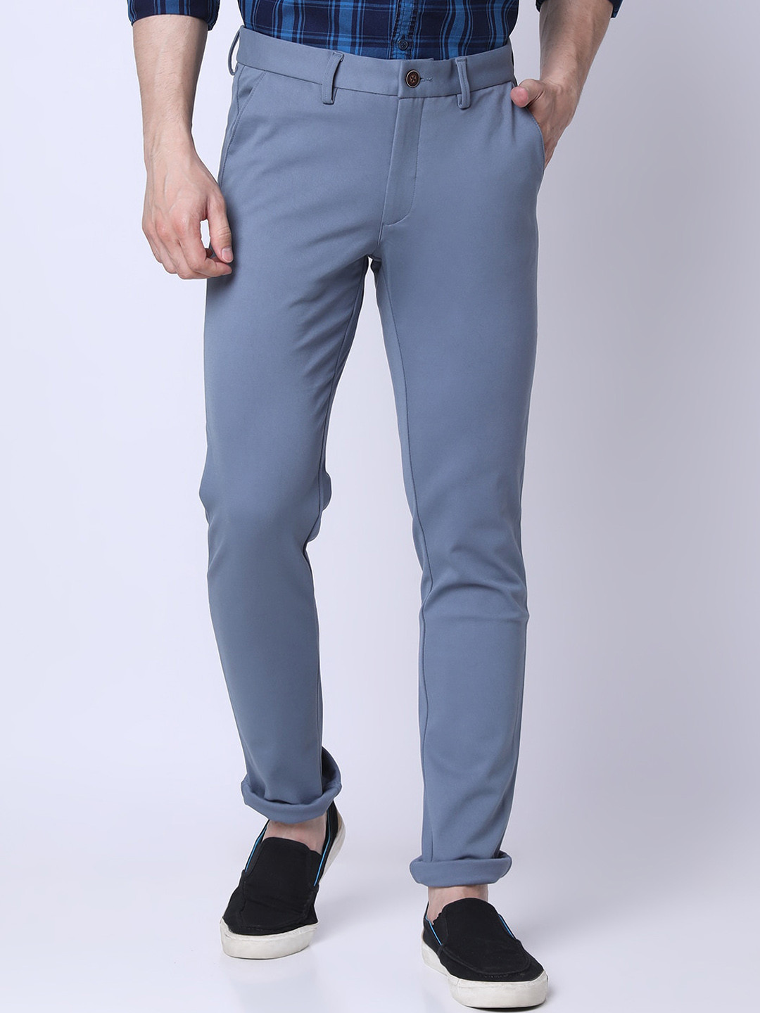 

J Hampstead Men Slim Fit Mid-Rise Cotton Trousers, Blue