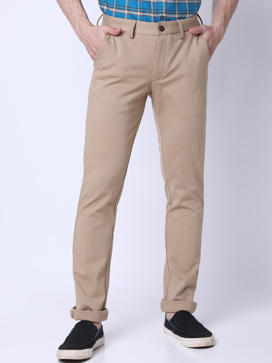 

J Hampstead Men Mid Rise Plain Cotton Slim Fit Chinos Trousers, Beige