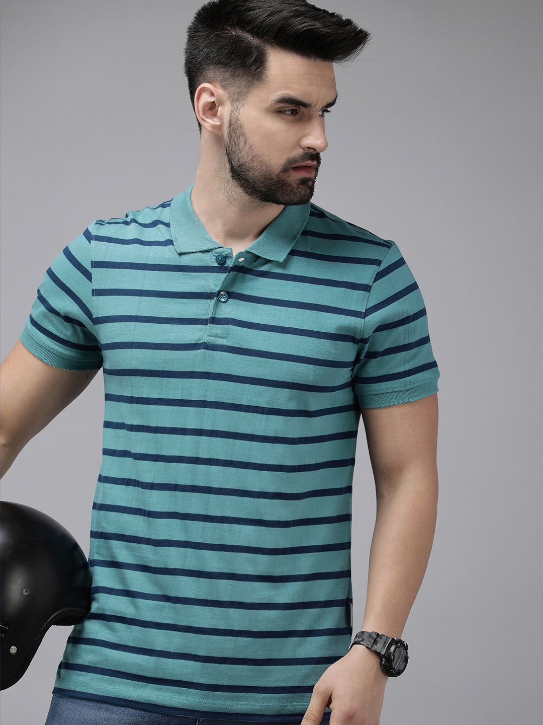 

Roadster Men Striped Polo Collar T-shirt, Teal