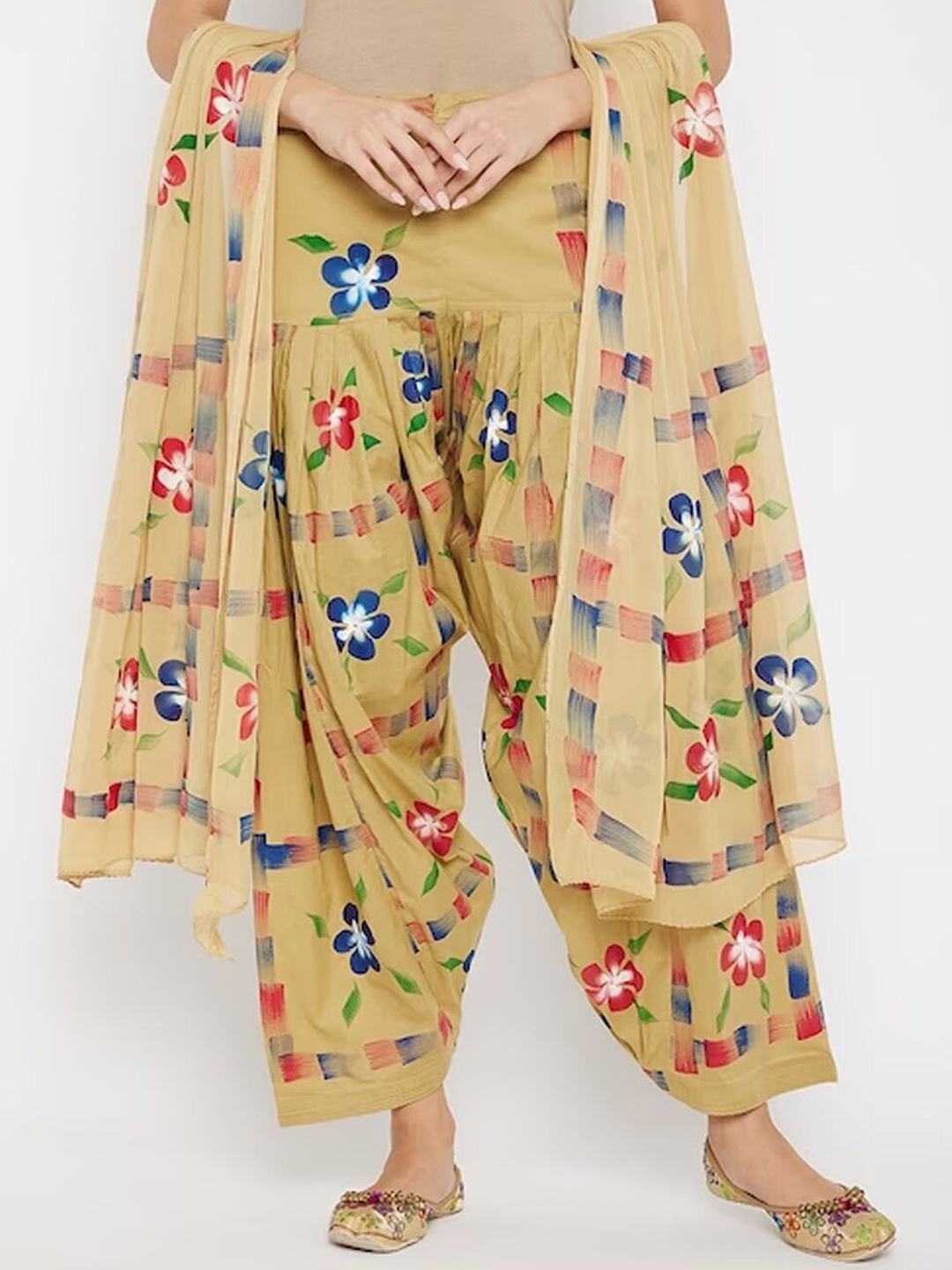 

Clora Creation Floral Printed Cotton Loose-Fit Salwar & Dupatta, Beige