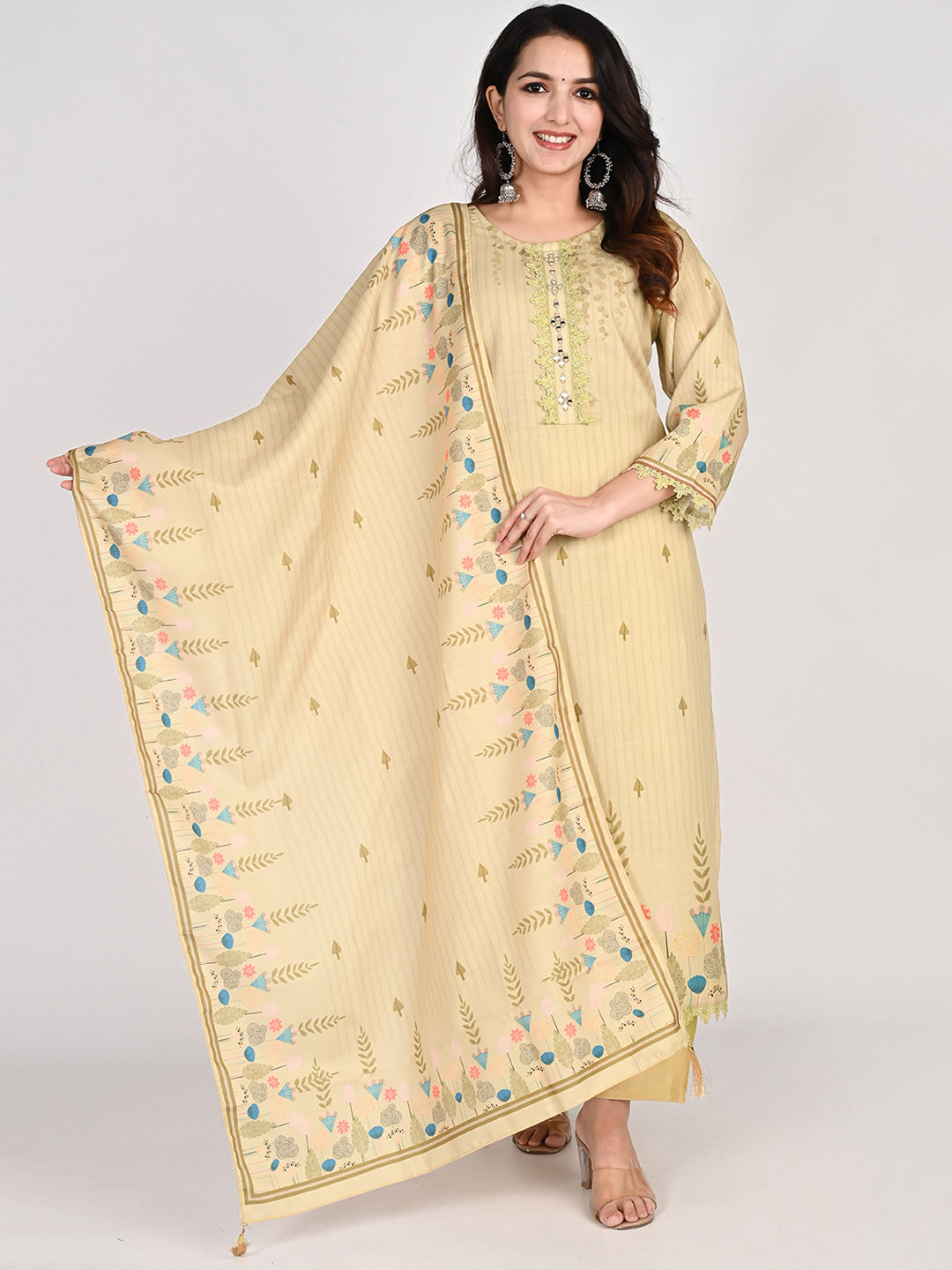 

KALINI Embroidered Regular Mirror Work Raw Silk Kurta with Palazzos & Dupatta, Gold