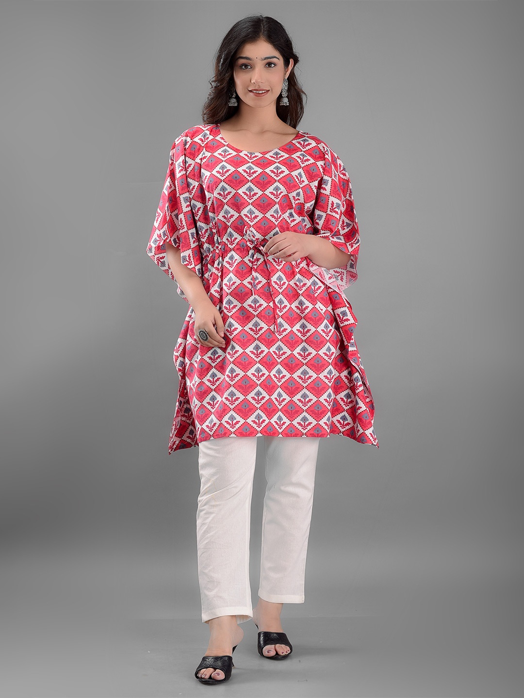 

KALINI Ethnic Motif Printed Flared Sleeves Cotton Kaftan Dress, Red