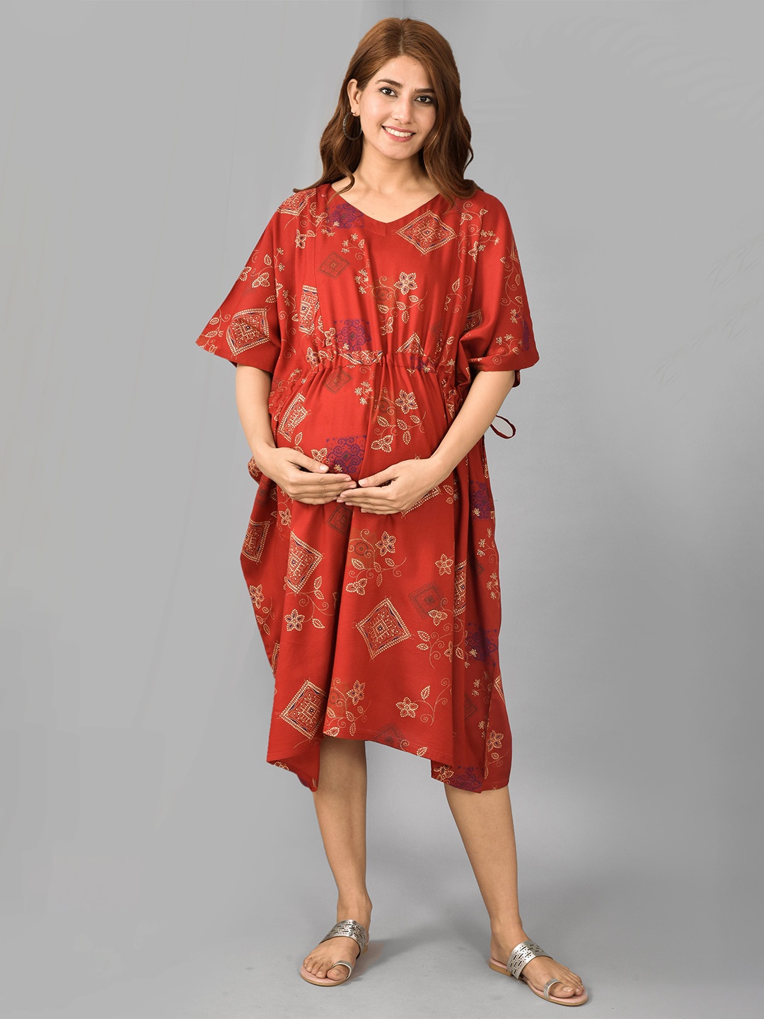 

KALINI Ethnic Motifs Printed Cotton Kaftan Midi Maternity Dress, Maroon