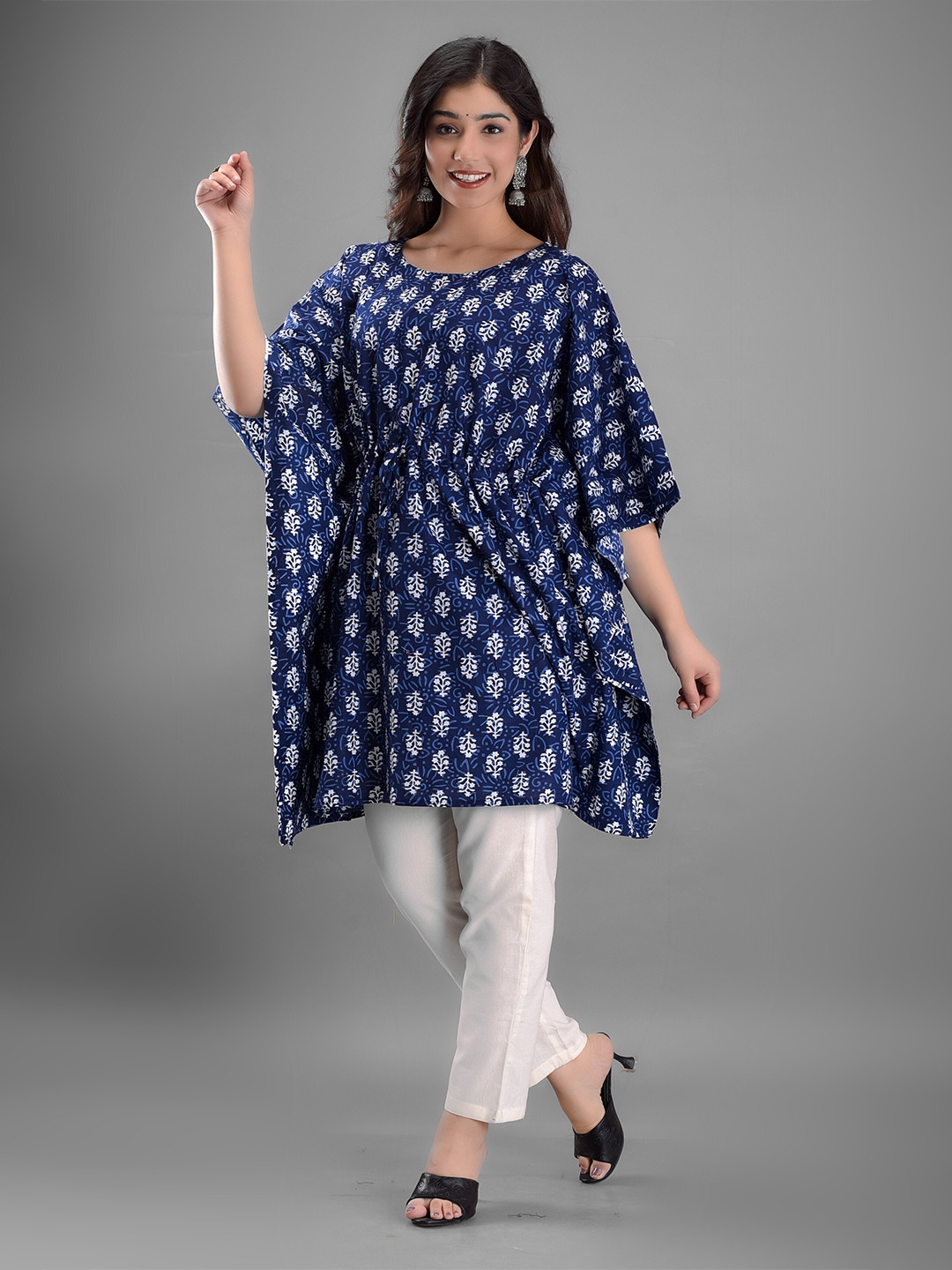 

KALINI Ethnic Motifs Printed Cotton Kaftan Dress, Navy blue