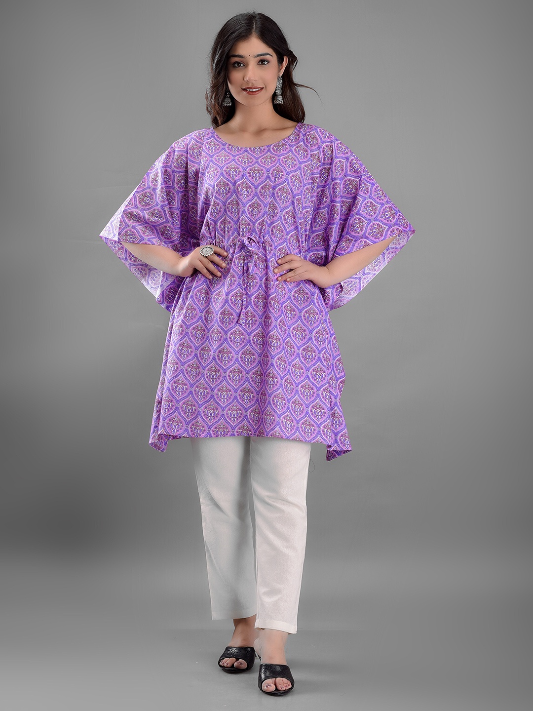 

KALINI Ethnic Printed Flared Sleeves Cotton Kaftan Dress, Purple