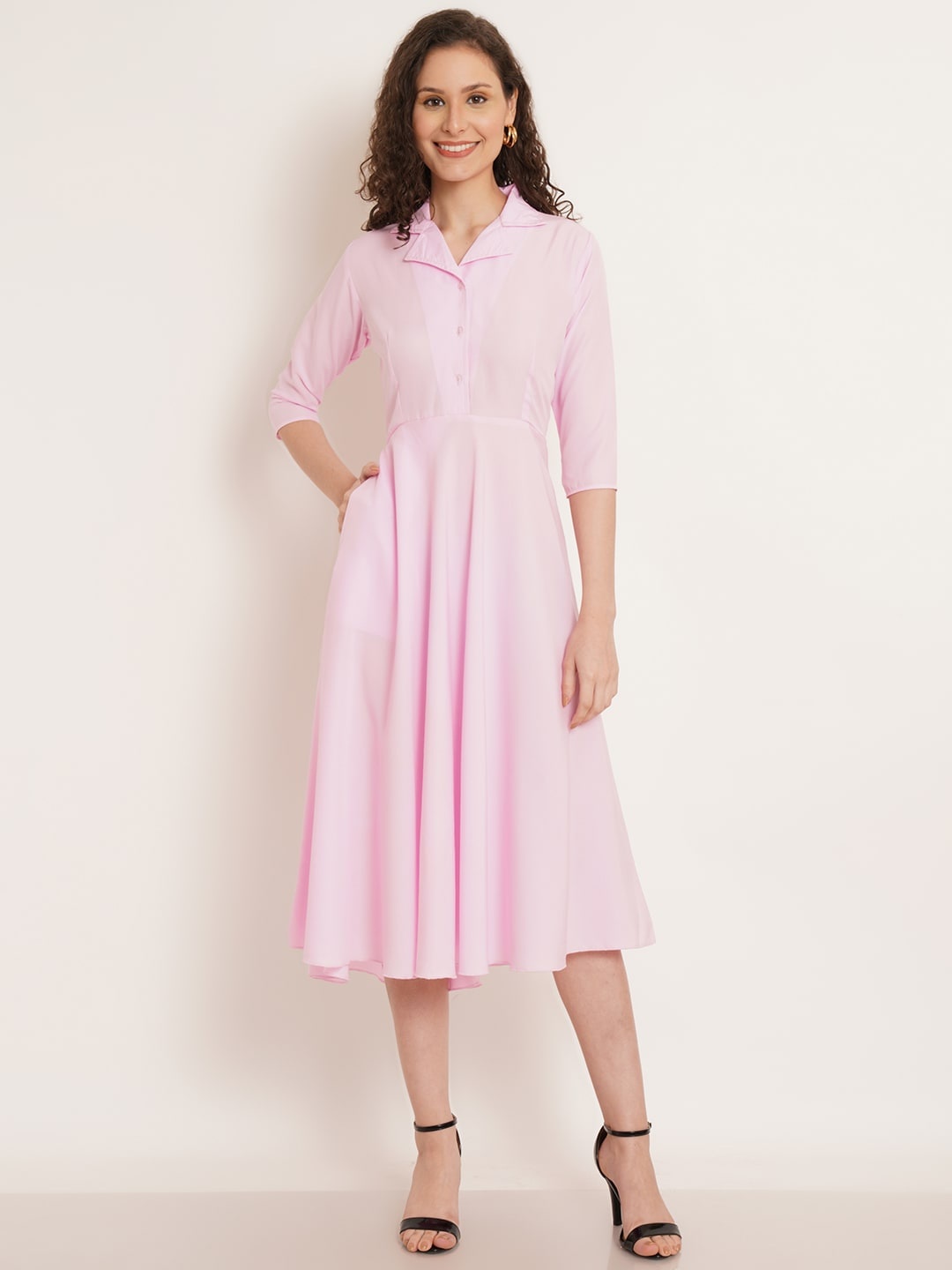 

Kushi Flyer Shirt Collar Crepe A-Line Midi Dress, Pink