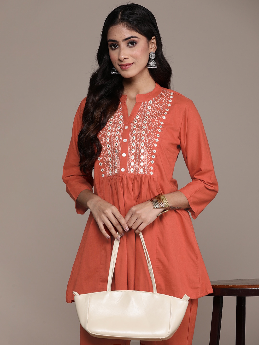 

Anubhutee Women Embellished Pure Cotton Tunic with Trousers, Orange
