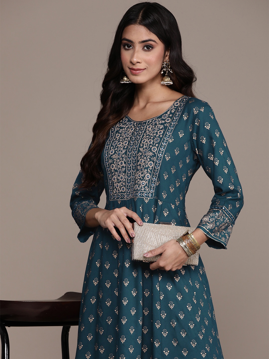 

Anubhutee Women Ethnic Motifs Embroidered Mirror Work A-Line Kurta, Teal