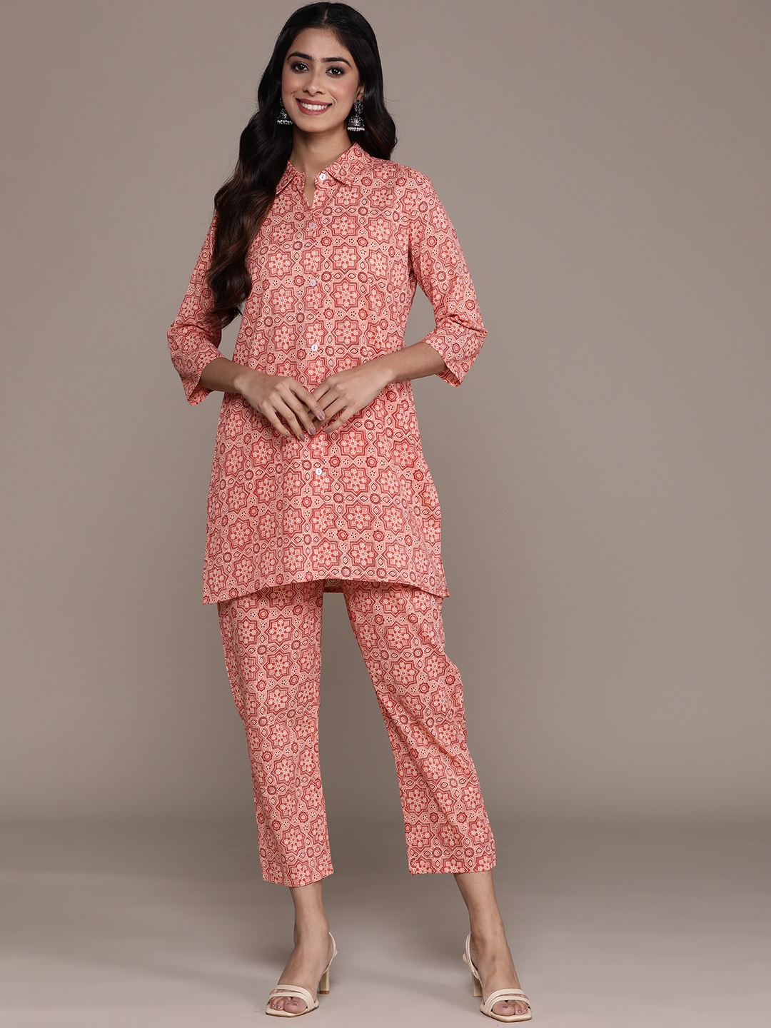 

Anubhutee Women Printed Pure Cotton Tunic with Trousers, Peach