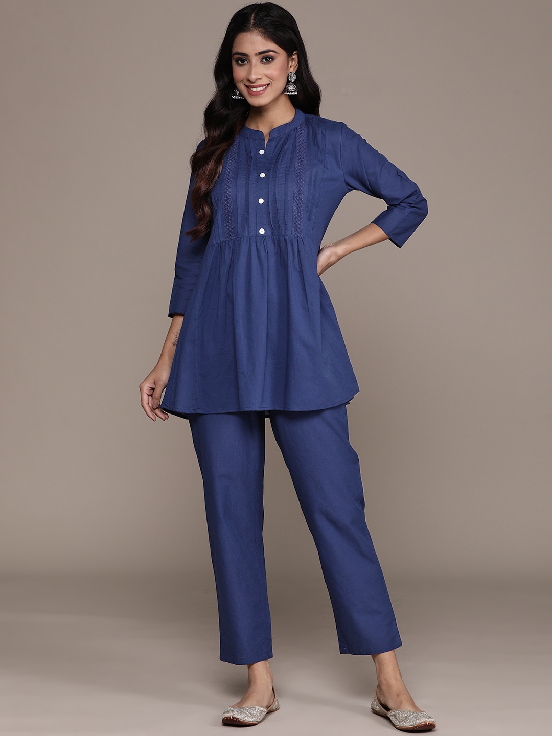 

Anubhutee Women Solid Pure Cotton Tunic with Trousers, Blue