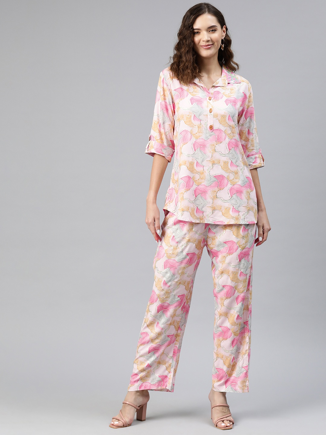

Readiprint Fashions Women Printed Shirt with Palazzos, Pink