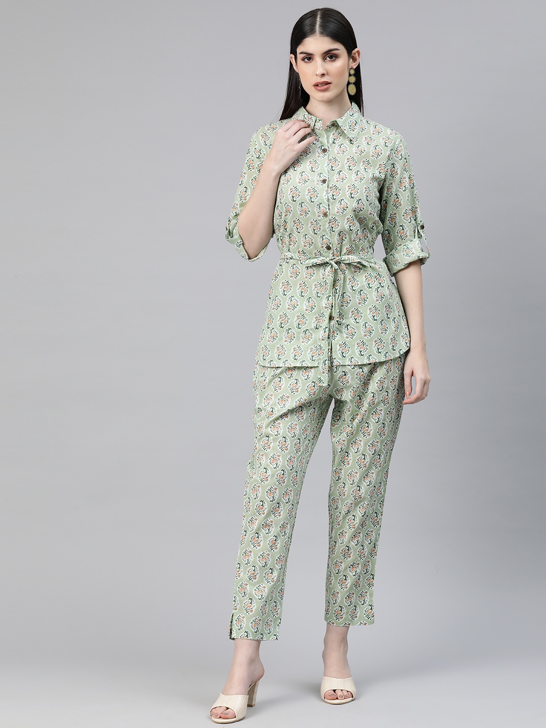 

Readiprint Women Printed Shirt with Palazzos & Belt, Green