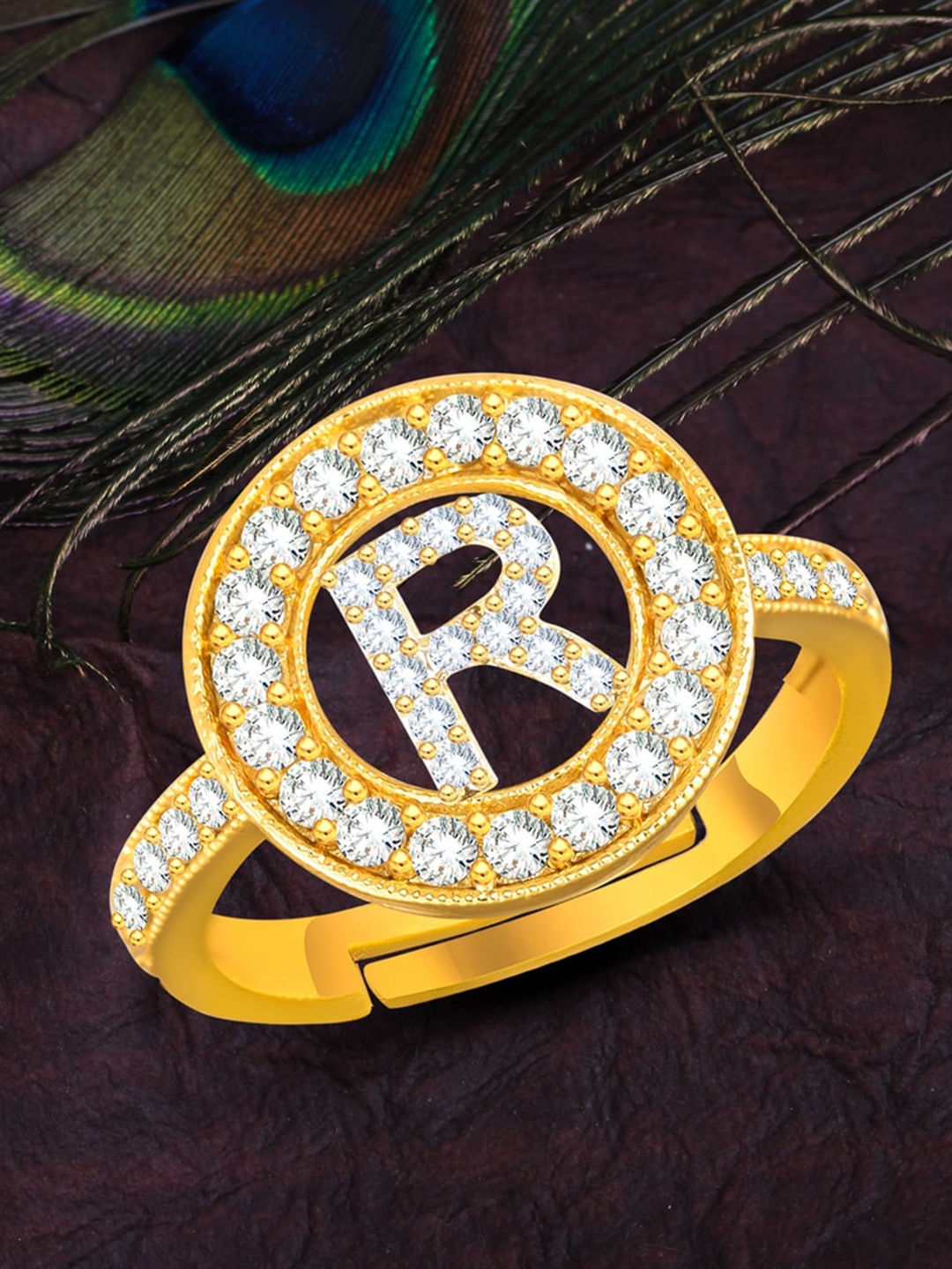 

MEENAZ Gold-Plated CZ Studded Alphabet R Adjustable Ring