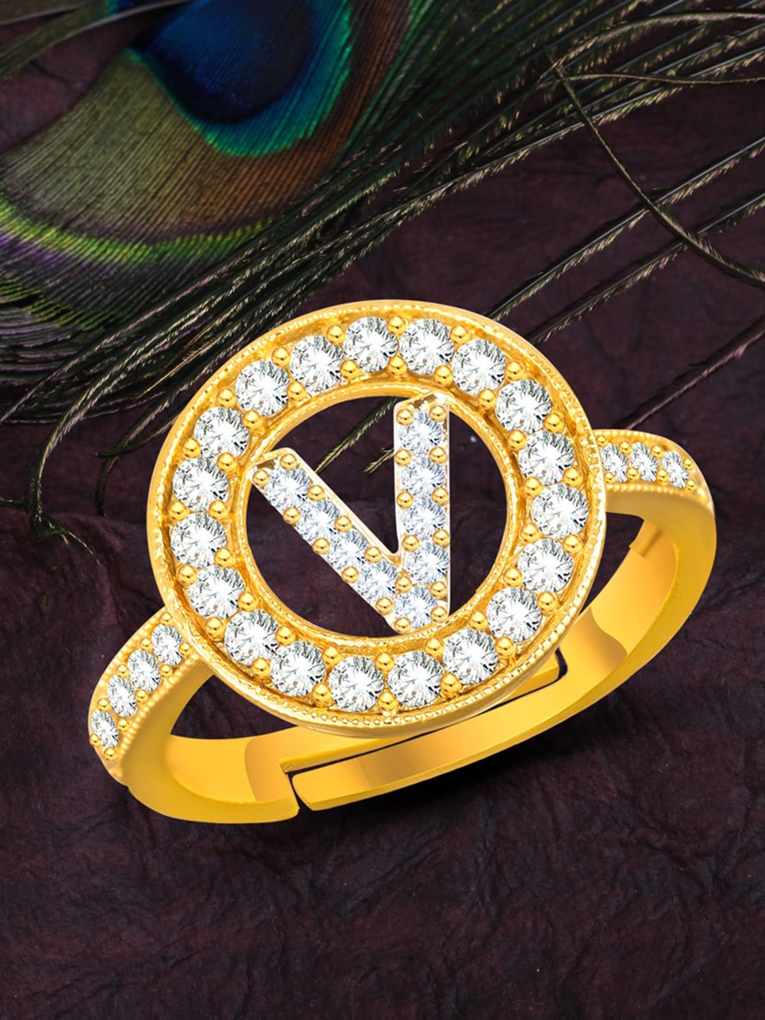 

MEENAZ Gold-Plated CZ Studded Alphabet V Adjustable Ring