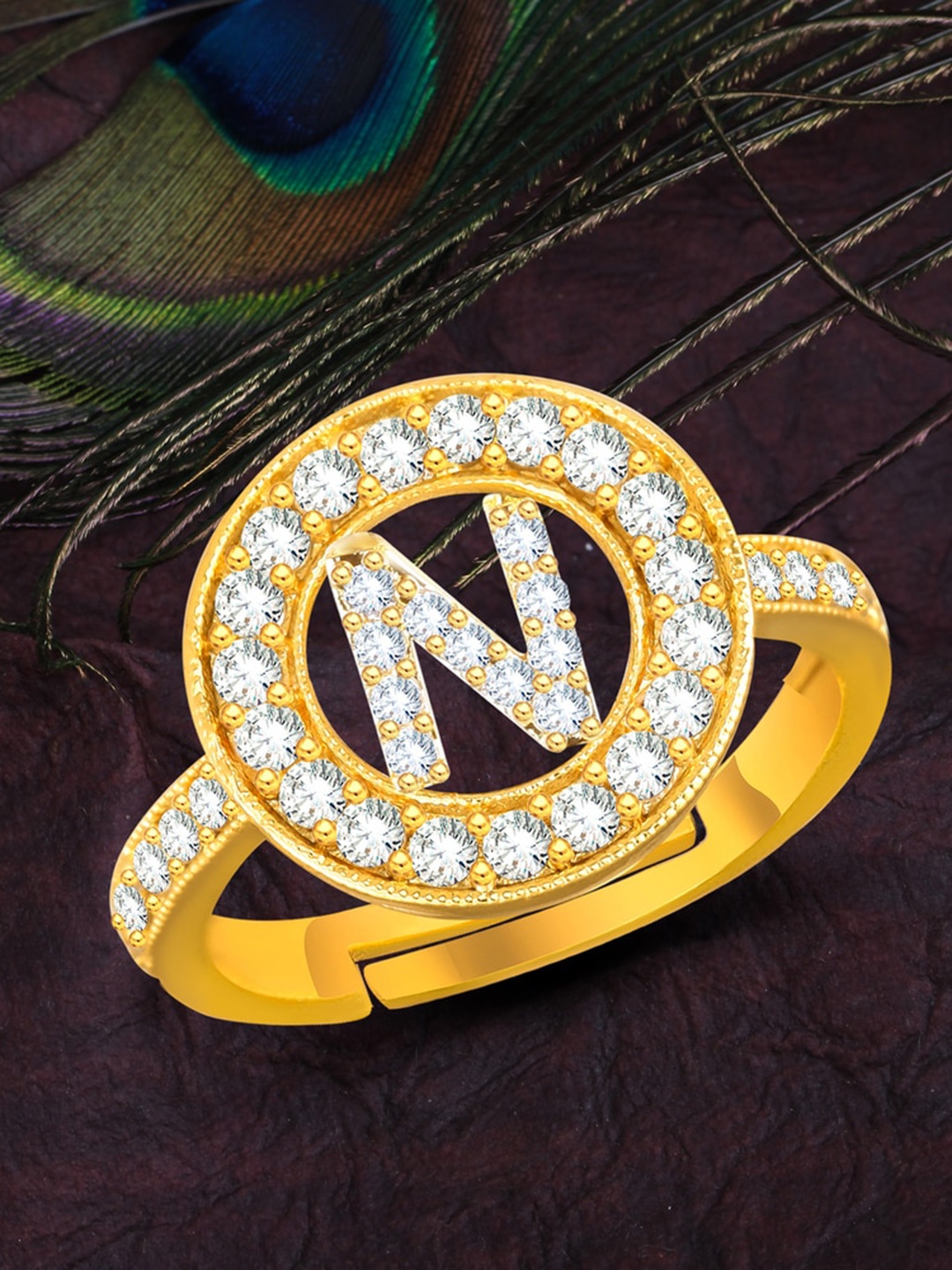 

MEENAZ Gold-Plated CZ Studded Alphabet N Adjustable Ring