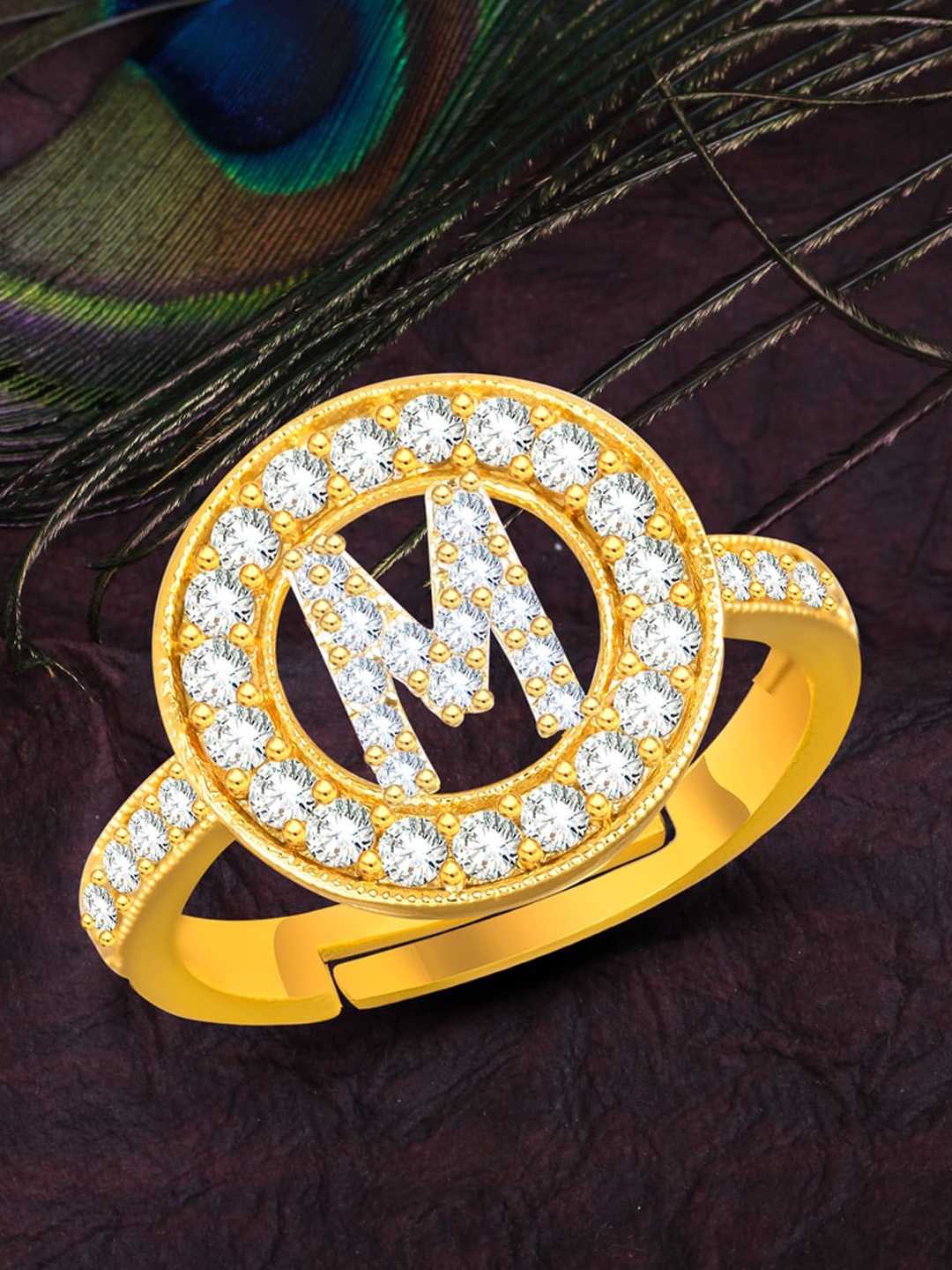 

MEENAZ Gold-Plated CZ Studded Alphabet M Adjustable Ring