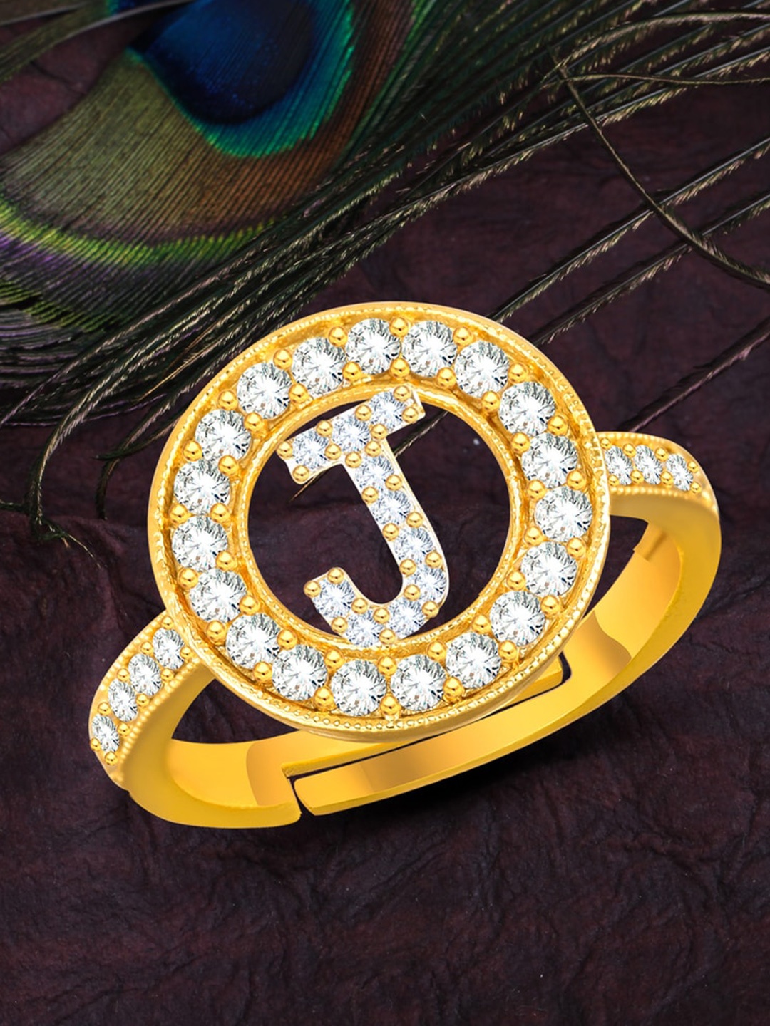 

MEENAZ Gold-Plated American Diamond Studded Alphabet J Adjustable Ring