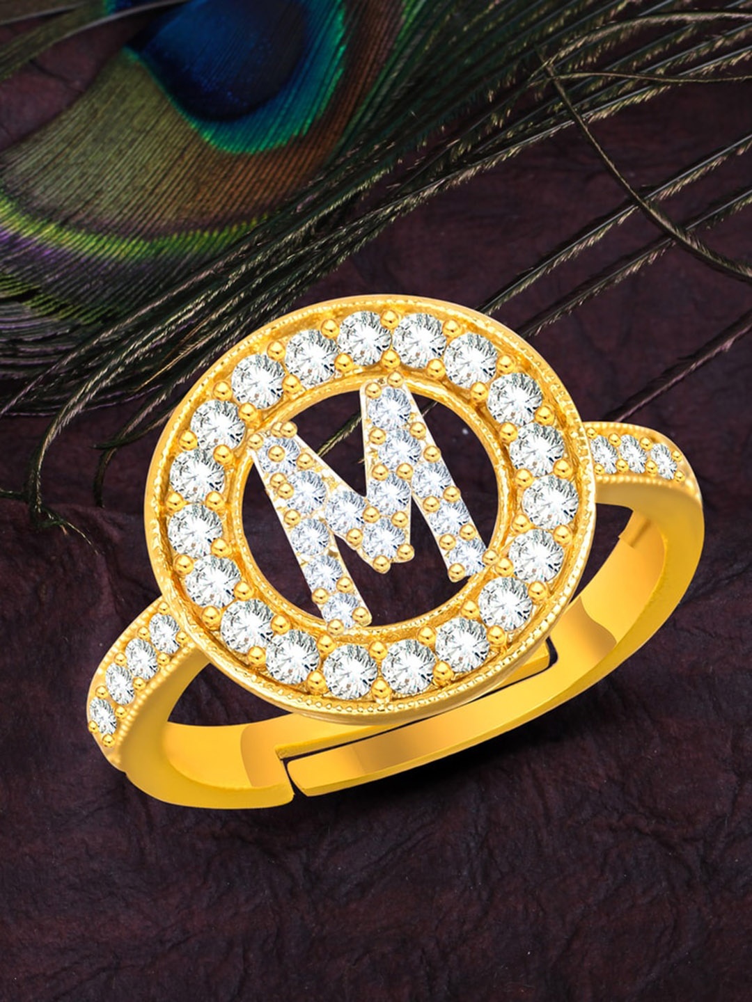 

MEENAZ Gold-Plated CZ Studded Alphabet M Adjustable Ring