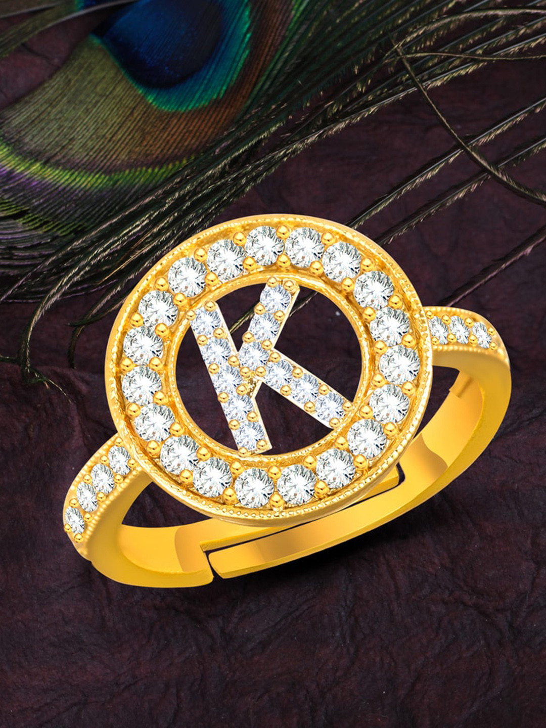 

MEENAZ Gold-Plated CZ Studded Alphabet K Adjustable Ring
