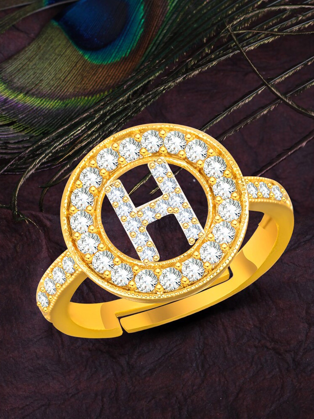 

MEENAZ Gold-Plated CZ Studded Alphabet H Adjustable Ring