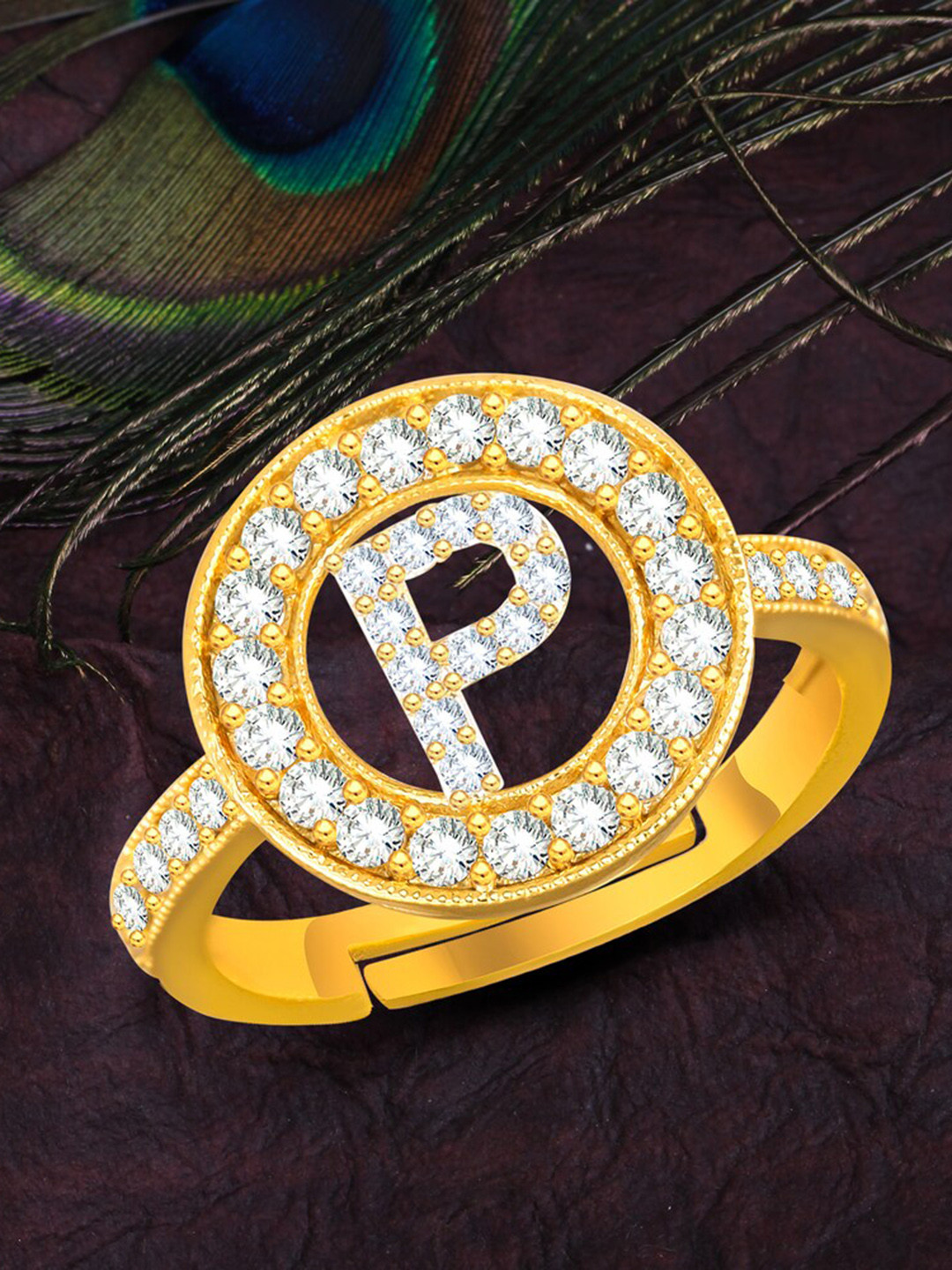 

MEENAZ Gold-Plated CZ Studded Alphabet P Adjustable Ring