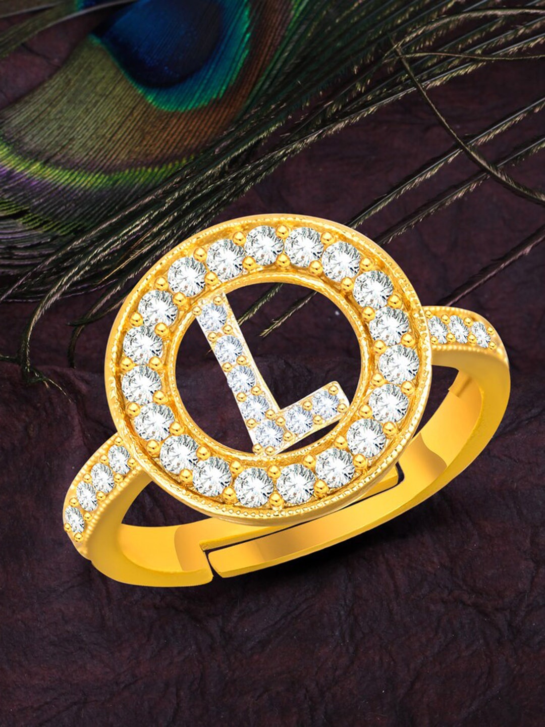 

MEENAZ Gold-Plated CZ Studded Alphabet L Finger Ring