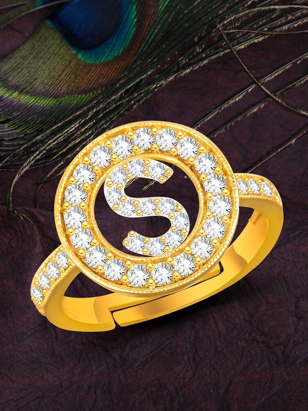 

MEENAZ Gold-Plated CZ Studded Alphabet S Adjustable Ring