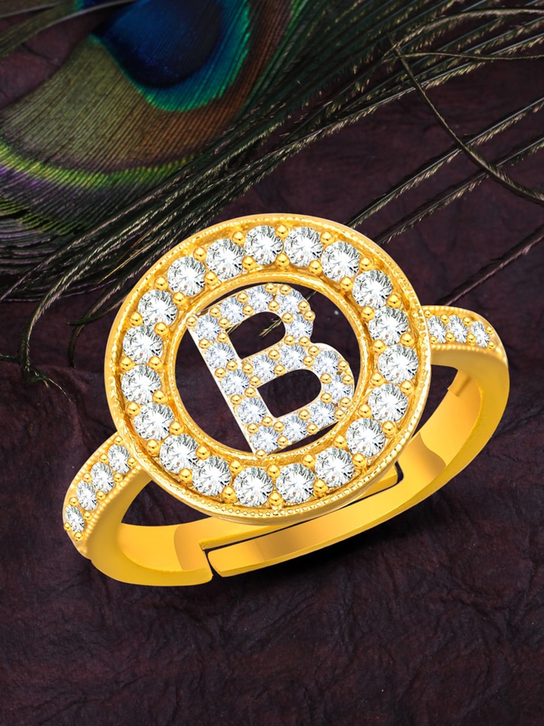 

MEENAZ Gold-Plated CZ Studded Alphabet B Adjustable Ring