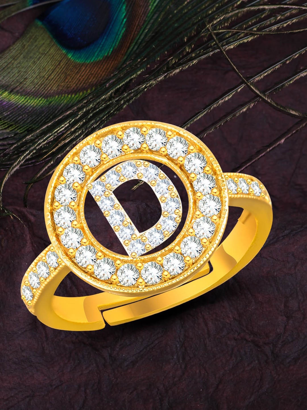 

MEENAZ Gold-Plated CZ Studded Alphabet D Adjustable Ring