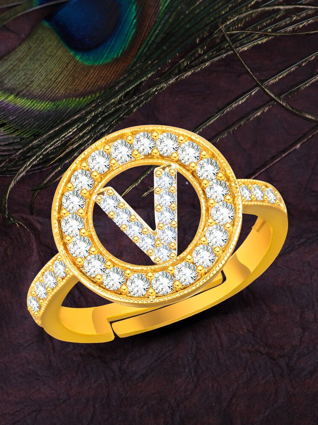 

MEENAZ Gold-Plated CZ Studded Alphabet V Adjustable Ring