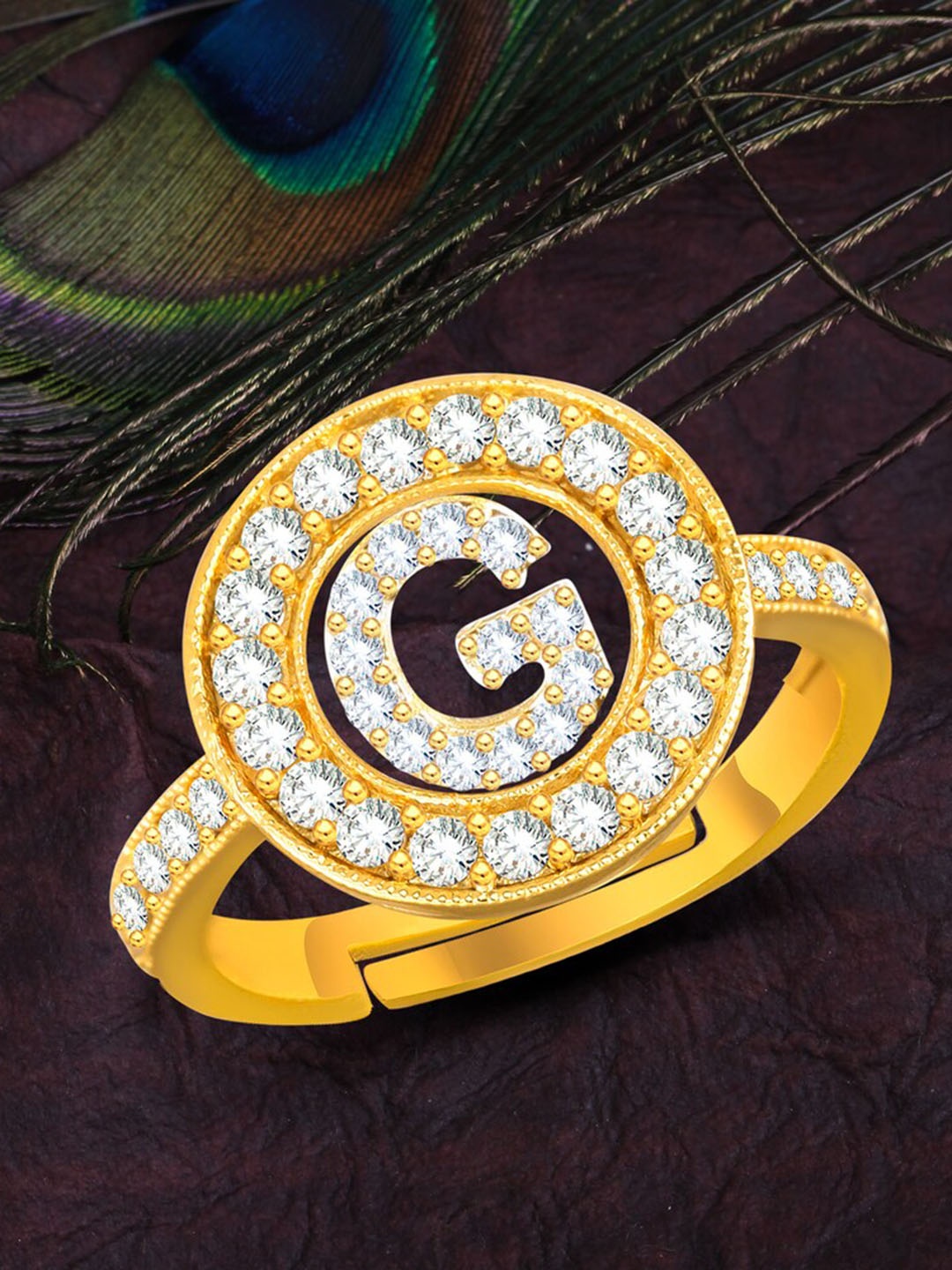 

MEENAZ Gold-Plated CZ Studded Alphabet G Adjustable Ring