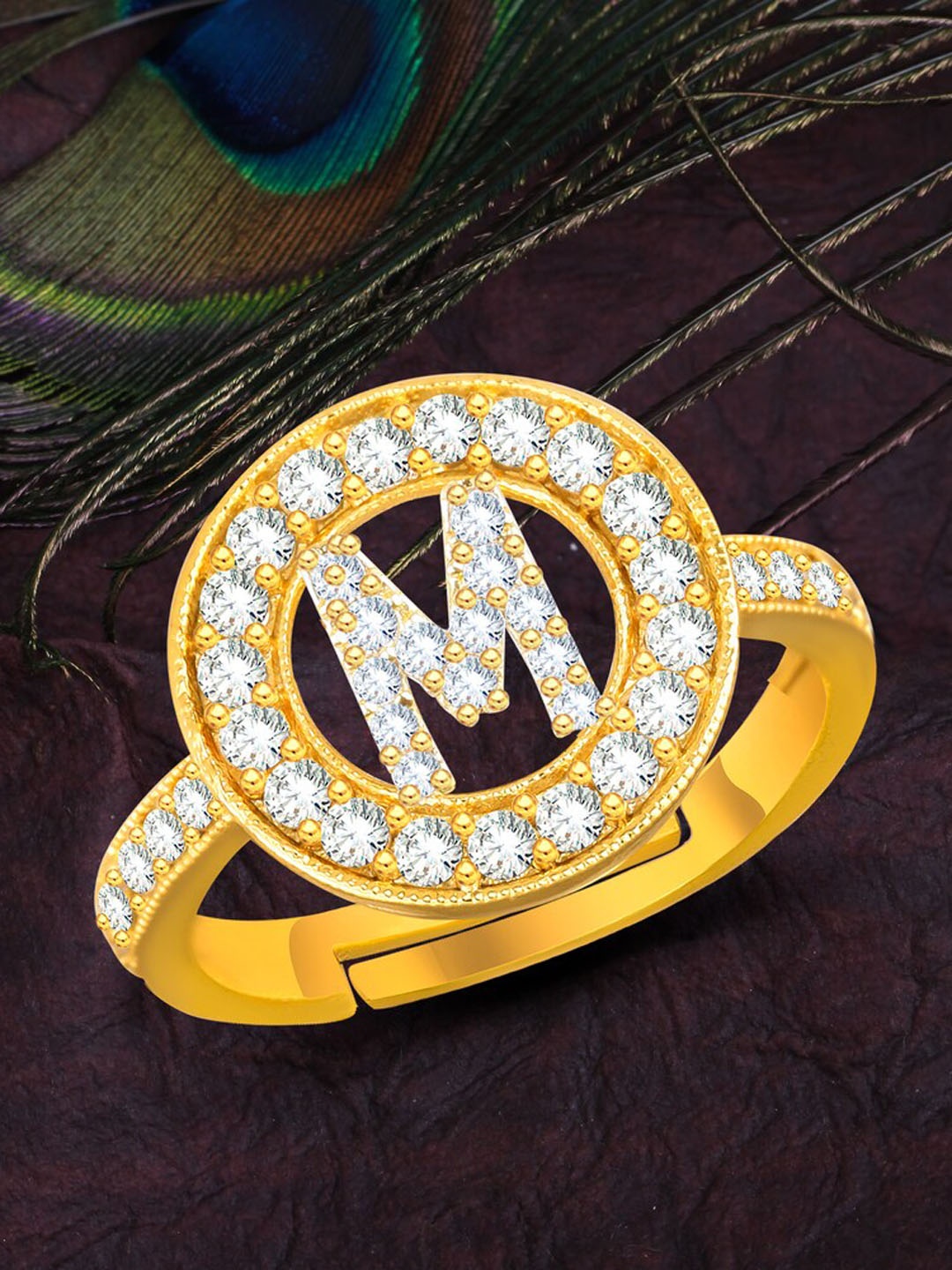 

MEENAZ Gold-Plated CZ Studded Alphabet M Adjustable Ring