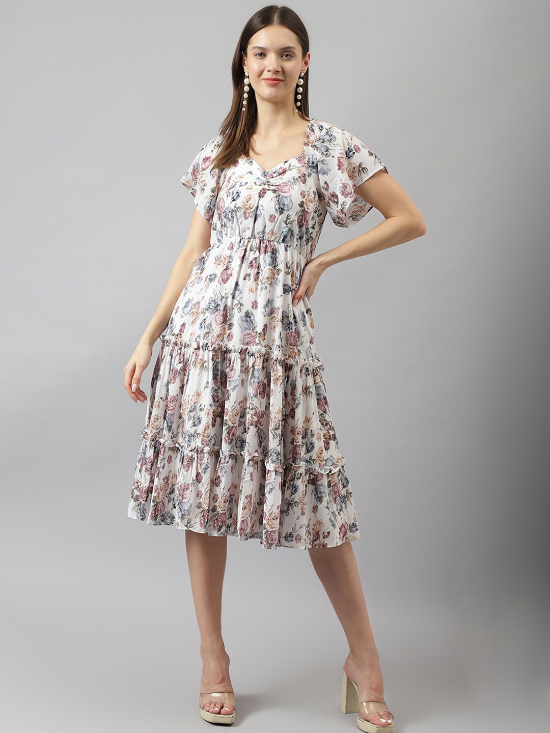 

KERI PERRY Floral Printed Flutter Sleeves Tiered A-Line Midi Dress, White