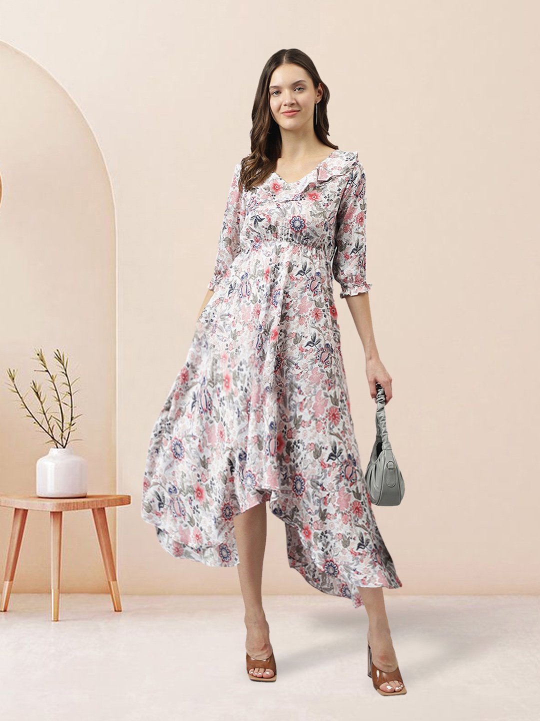 

KERI PERRY Floral Printed V-Neck Ruffled A-Line Midi Dress, White