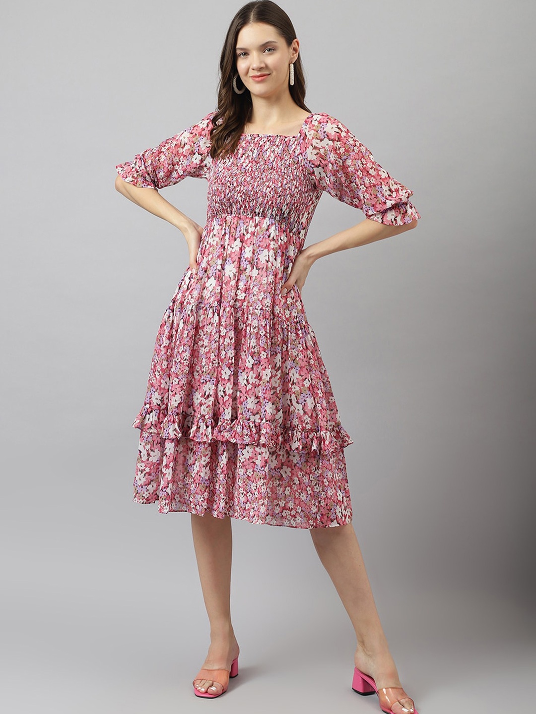 

KERI PERRY Floral Printed Smoked Tiered Fit & Flare Georgette Dress, Pink