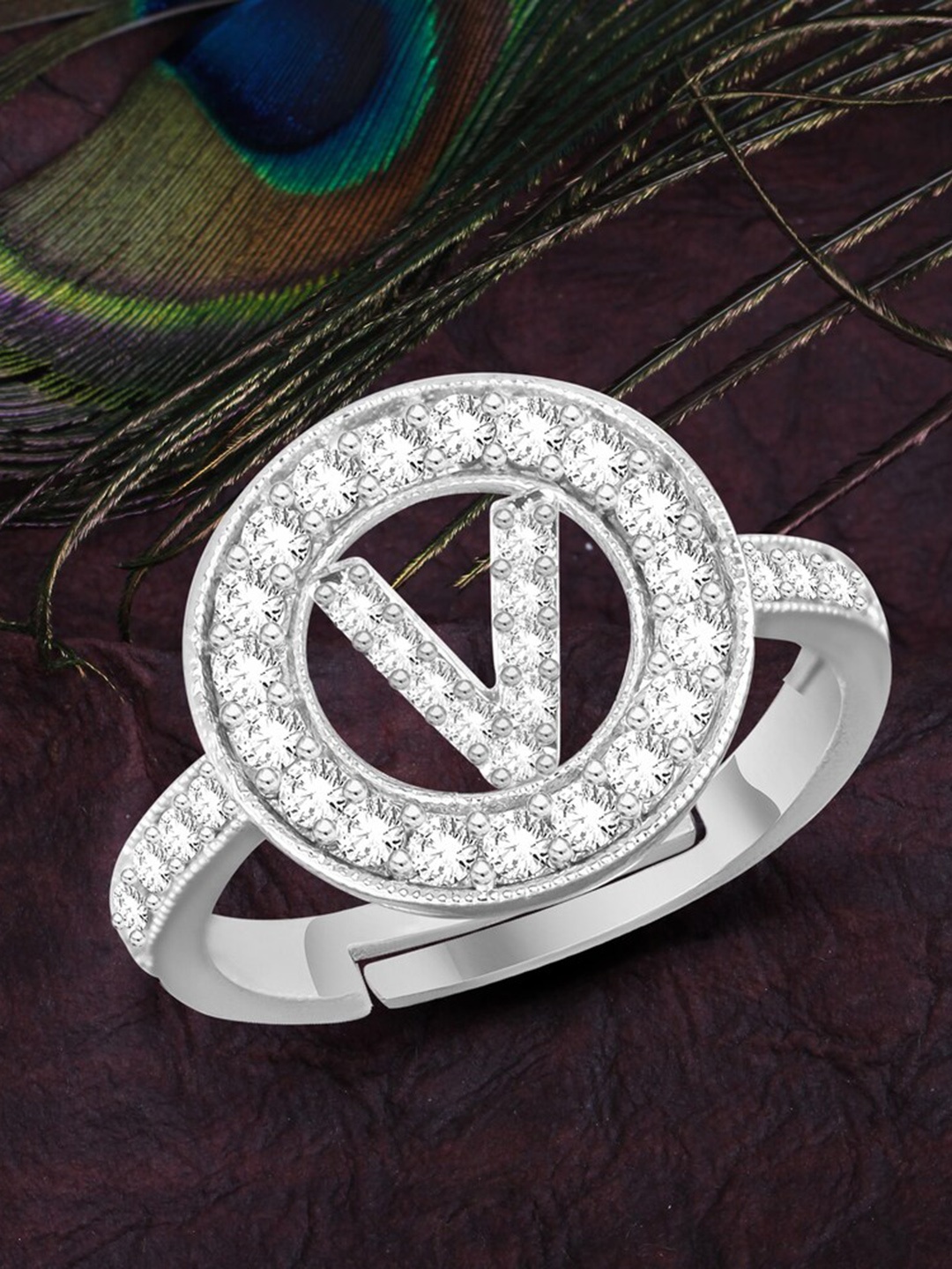 

MEENAZ Silver-Plated AD-Studded V-Alphabet Charm Finger Ring