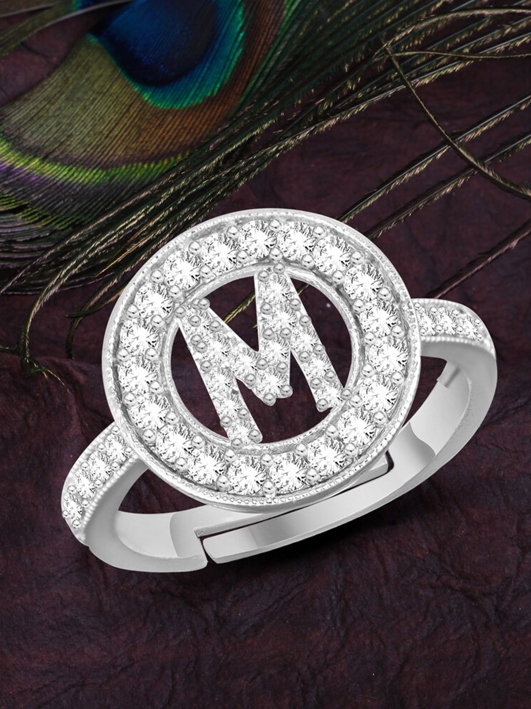 

MEENAZ Silver-Plated CZ-Studded Alphabet M Adjustable Finger Ring