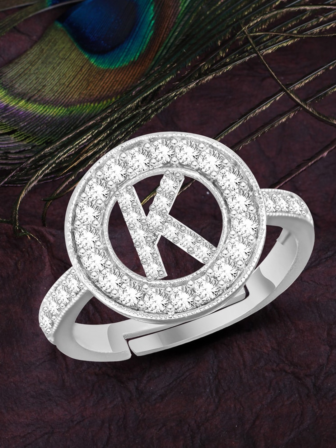 

MEENAZ Silver-Plated American Diamond-Studded Alphabet K Adjustable Ring