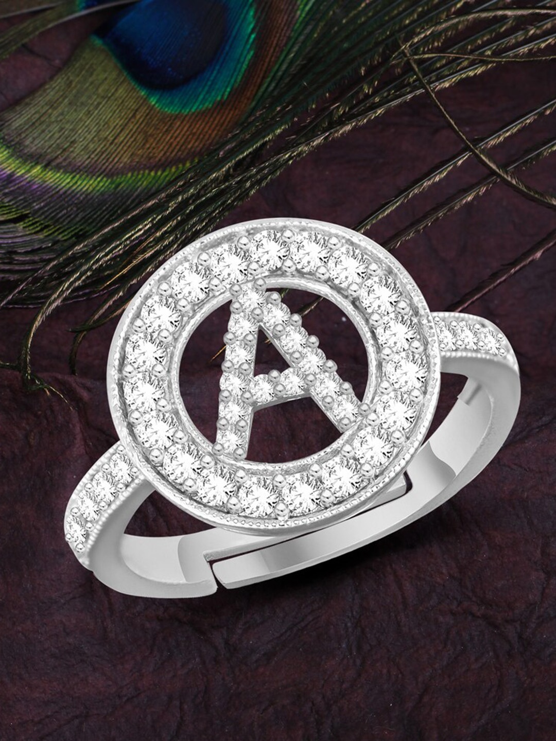 

MEENAZ Silver-Plated American Diamond Studded Alphabet A Adjustable Ring