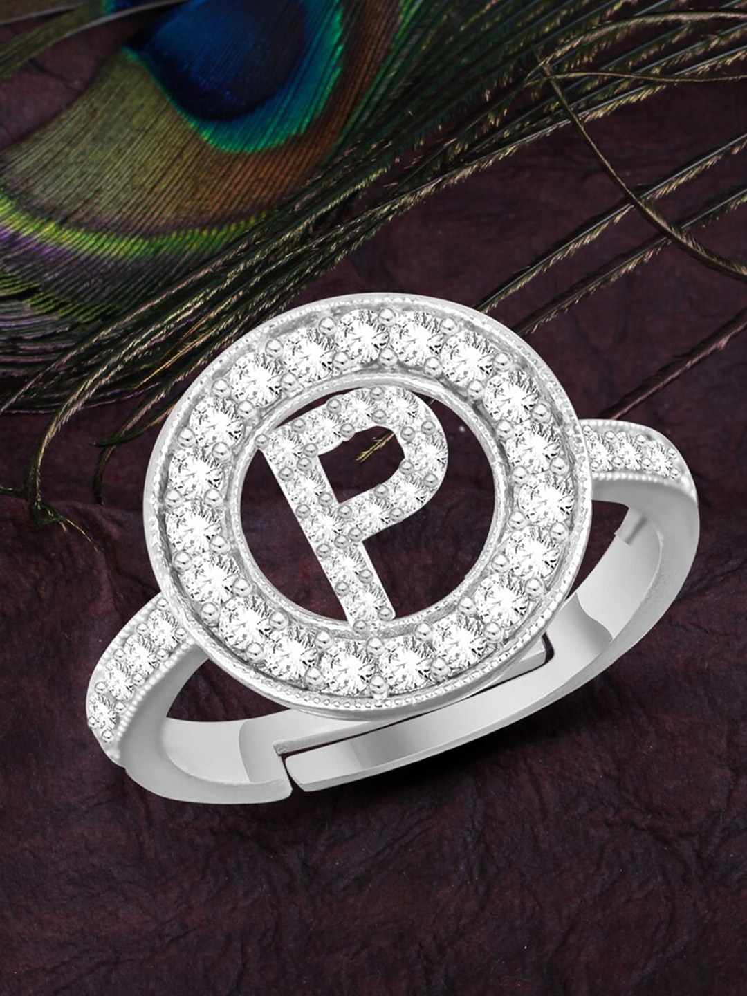 

MEENAZ Silver-Plated CZ Studded Alphabet P Adjustable Ring