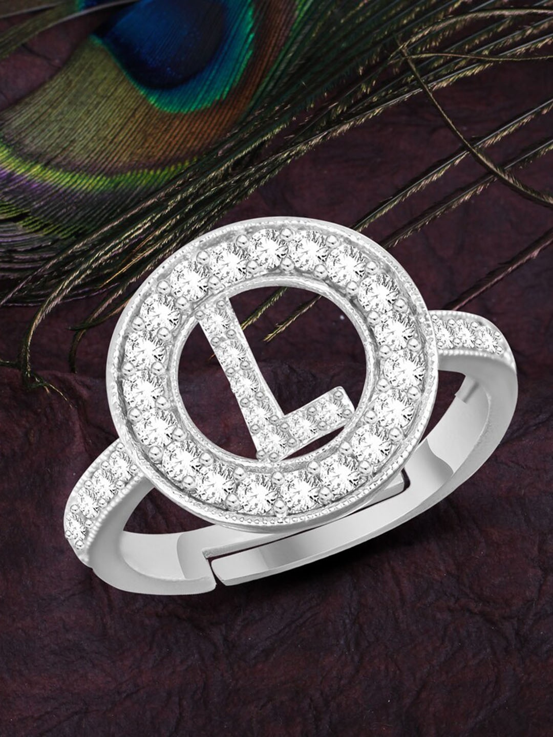 

MEENAZ Silver-Plated CZ Studded Alphabet L Adjustable Ring