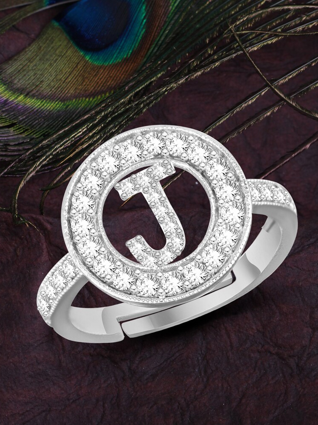 

MEENAZ Silver-Plated AD-Studded J-Alphabet Charm Finger Ring