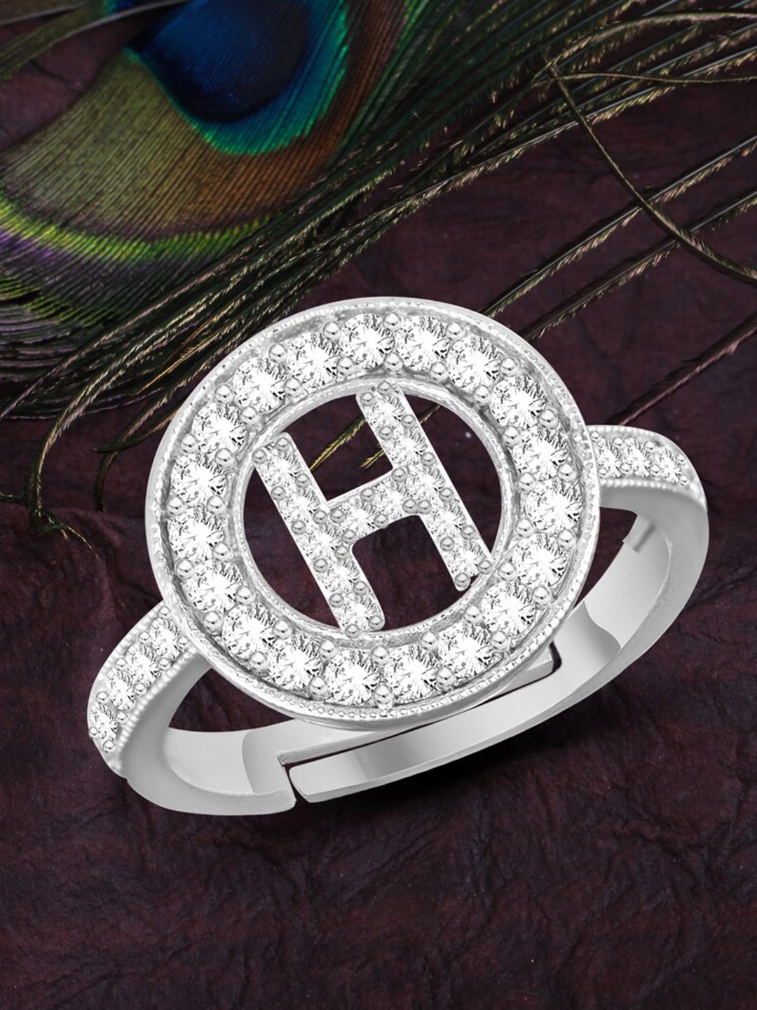 

MEENAZ Silver-Plated AD & CZ Studded Alphabet H Adjustable Ring